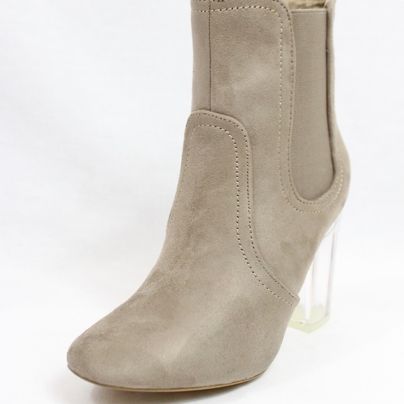 Round Toe Suede Clear Perspex Lucite Heel Bootie - Picture 2 of 5